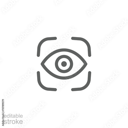Eye scan icon. Simple outline style. Visual identity, focus, view, vision, future tech, eye with scanning frame, technology concept. Thin line symbol. Vector illustration isolated. Editable stroke.