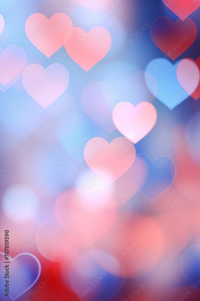 Abstract vertical  gradient background with hearts shape bokeh on blue and pink, Valentines, wedding or birthday card wallpaper banner 