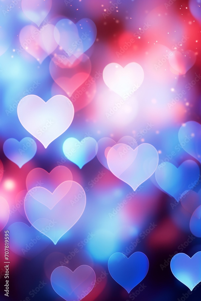 Abstract vertical  gradient background with hearts shape bokeh on blue and pink, Valentines, wedding or birthday card wallpaper banner 