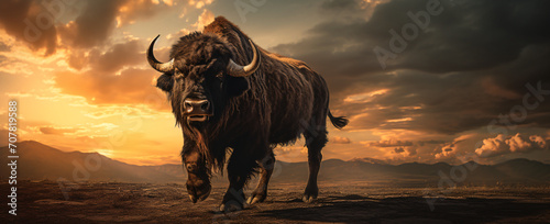 An animal stands on a deserted plain during sunset  in the style of macro lens  himalayan art  strong facial expression  dark gold and dark black  dynamic and exaggerated facial expressions  bold trad