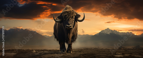 An animal stands on a deserted plain during sunset, in the style of macro lens, himalayan art, strong facial expression, dark gold and dark black, dynamic and exaggerated facial expressions, bold trad photo