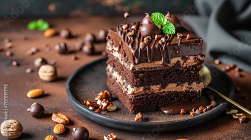 Chocolate cake with cream nuts and chocolate. Ai generative photo