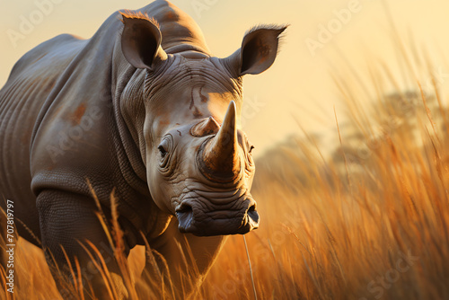 An adult rhinoceros with big nose walking with a herd of grasses, in the style of backlight, photo-realistic landscapes, wimmelbilder, unprimed canvas, strong facial expression, close up, light beige 