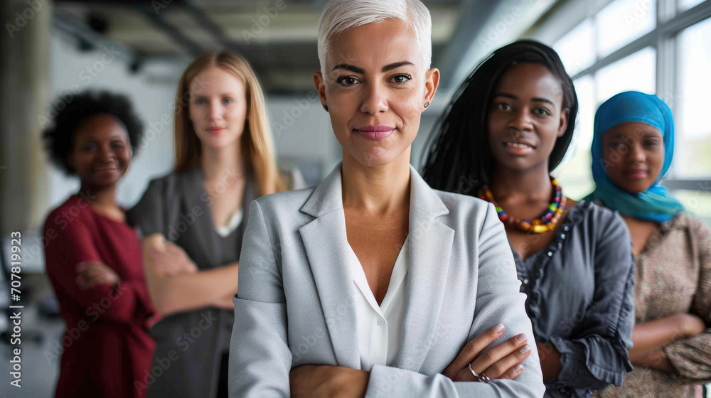 Group of diverse professional women confidently standing in a line, with the woman in the foreground crossing her arms, showcasing a strong and united front in a workplace setting.