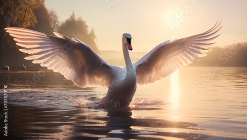 A swan is spreading its wings on the lake on, in the style of backlight, celebrity photography, wimmelbilder, low-angle shots, golden light, landscape realism, light white and light magenta   © Possibility Pages