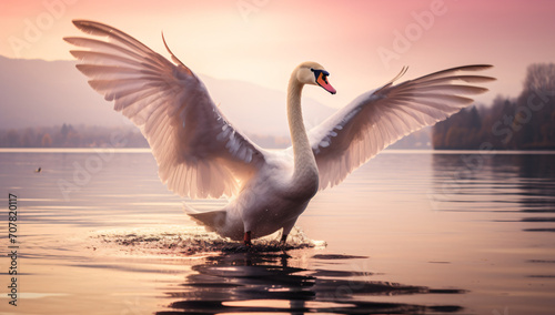 A swan is spreading its wings on the lake on, in the style of backlight, celebrity photography, wimmelbilder, low-angle shots, golden light, landscape realism, light white and light magenta   © Possibility Pages