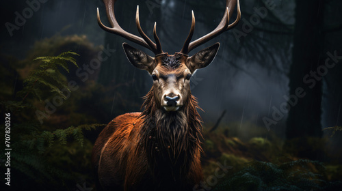 A red deer that looks like its in a tree,, in the style of dark and dramatic chiaroscuro portraits, cinematic composition, selective focus, large canvas format, wimmelbilder

 photo