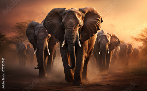The elephants are walking in the sunset, in the style of photo-realistic landscapes, elegant, emotive faces, light red and light gold