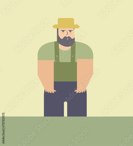 Farmer standing with hands on hips, wearing hat and overalls, serious expression. Vector depiction of agricultural worker in the field. Farm profession and rural life vector illustration.