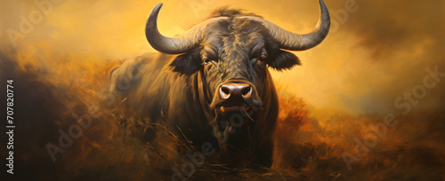 A golden buffalo in a sunset, in the style of macro lens, himalayan art, photo-realistic landscapes, strong facial expression, light black and brown, zaire school of popular painting, unprimed canvas 