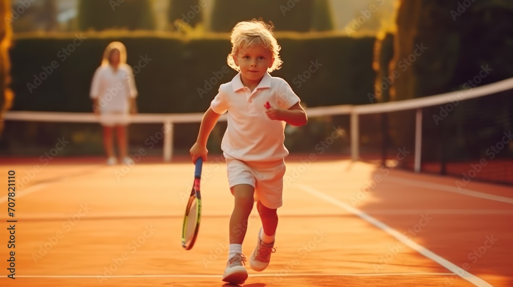Tennis child player on tennis court. Sport concept.Beautiful girl teenager and athlete with racket in pink sporswear and hat on tennis court.