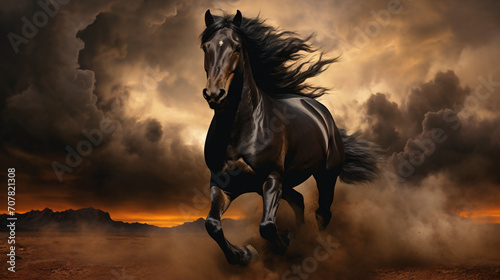 A horse running through a desert with dark atmosphere, in the style of black and azure, photo-realistic landscapes   © Welle Photos