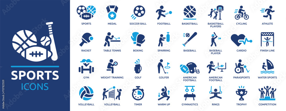 Sports icon set. Containing football, basketball, trophy, competition, medal, gym, volleyball and more. Solid vector icons collection.