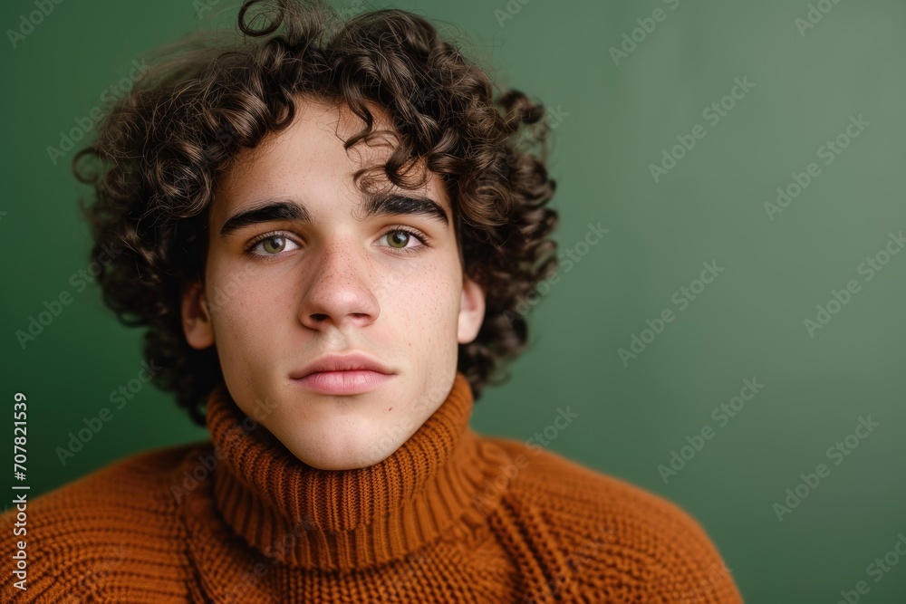 Studio portrait of a young European man with curly hair, wearing a turtleneck sweater, isolated on a green background Studio portrait of a young European man with curly hair, wearing a turtleneck sweater, isolated on a green background