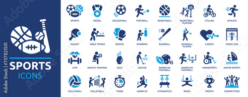 Sports icon set. Containing football, basketball, trophy, competition, medal, gym, volleyball and more. Solid vector icons collection.