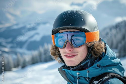 Studio portrait of a young European man with a winter sports theme, wearing ski attire, isolated on a snowy mountain background