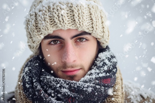 Studio portrait of a young European man with a winter theme, wearing a scarf and beanie, isolated on a snowy background