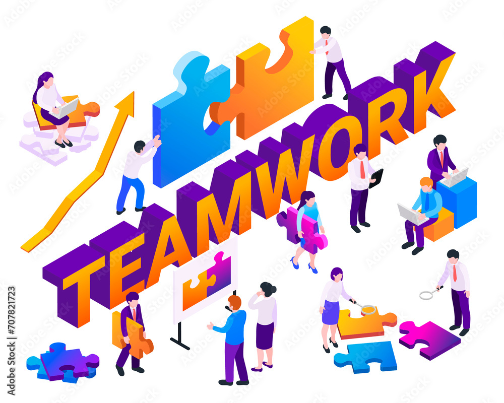 Isometric business teamwork composition background with business people assembling a puzzle