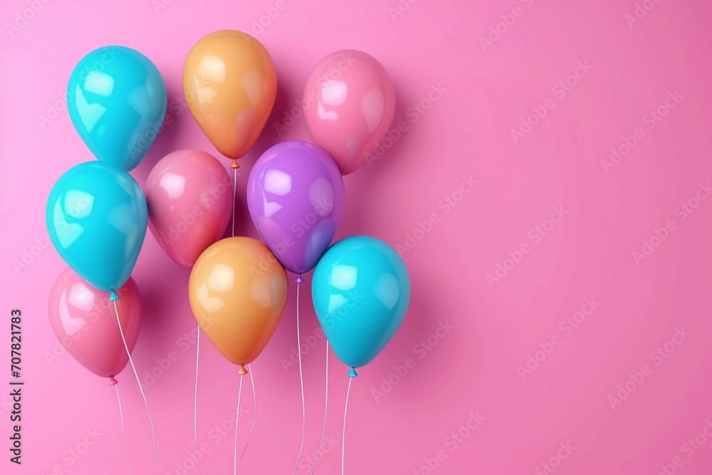 Set of colorful balloons with empty space for text. Realistic background for birthday, anniversary, wedding, holiday congratulation banners. Festive template for social media. 