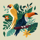 Flat exotic flora and fauna illustration with a toucan, parrot and tropical plants