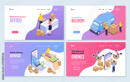 Isometric delivery landing page template collection with delivery men delivering a package © Macrovector