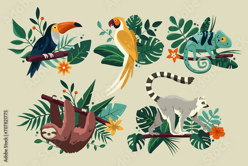 Flat exotic flora and fauna original wild animals and tropical plants collection