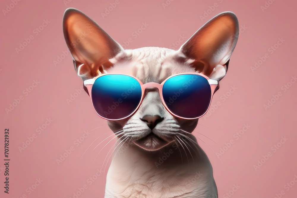 Creative animal concept. Devon Rex cat kitten kitty in sunglass shade glasses full body isolated on solid pastel background, commercial, editorial advertisement, surreal surrealism