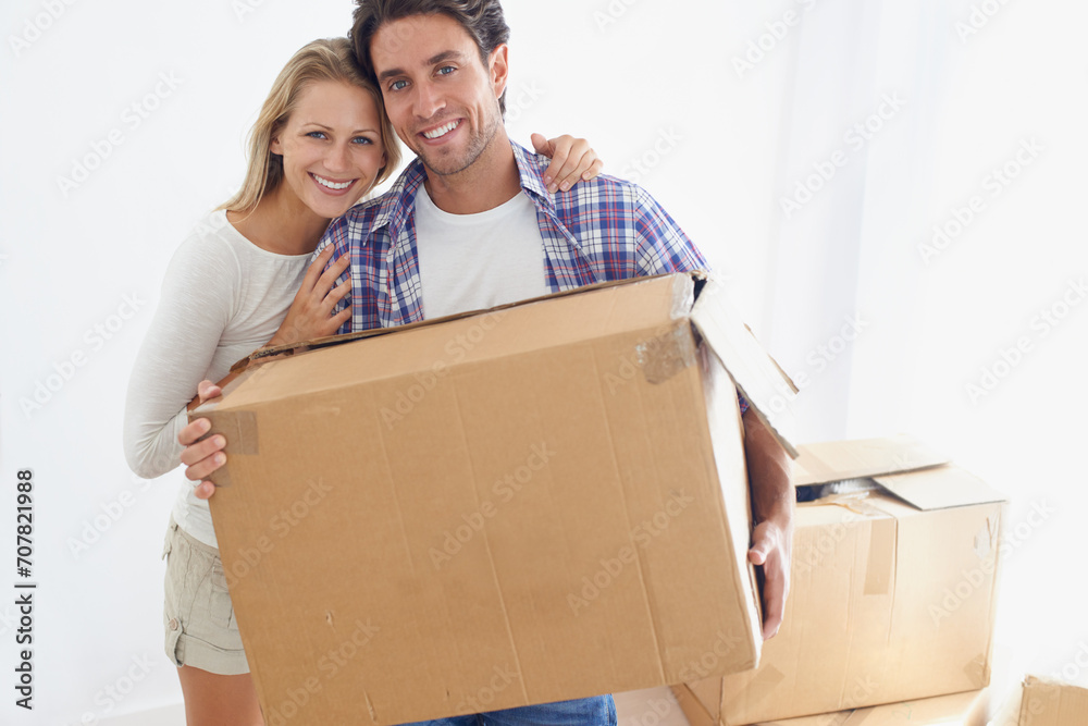 Smile, boxes and portrait of couple in new home living room for unpacking and moving together. Happy, love and young man and woman from Australia with cardboard packages in home or apartment. Smile, boxes and portrait of couple in new home living room for unpacking and moving together. Happy, love and young man and woman from Australia with cardboard packages in home or apartment.
