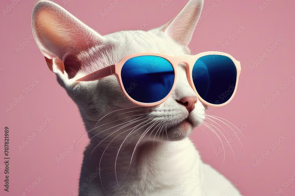 Creative animal concept. Devon Rex cat kitten kitty in sunglass shade glasses full body isolated on solid pastel background, commercial, editorial advertisement, surreal surrealism Creative animal concept. Devon Rex cat kitten kitty in sunglass shade glasses full body isolated on solid pastel background, commercial, editorial advertisement, surreal surrealism