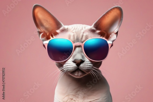 Creative animal concept. Devon Rex cat kitten kitty in sunglass shade glasses full body isolated on solid pastel background, commercial, editorial advertisement, surreal surrealism © ramses