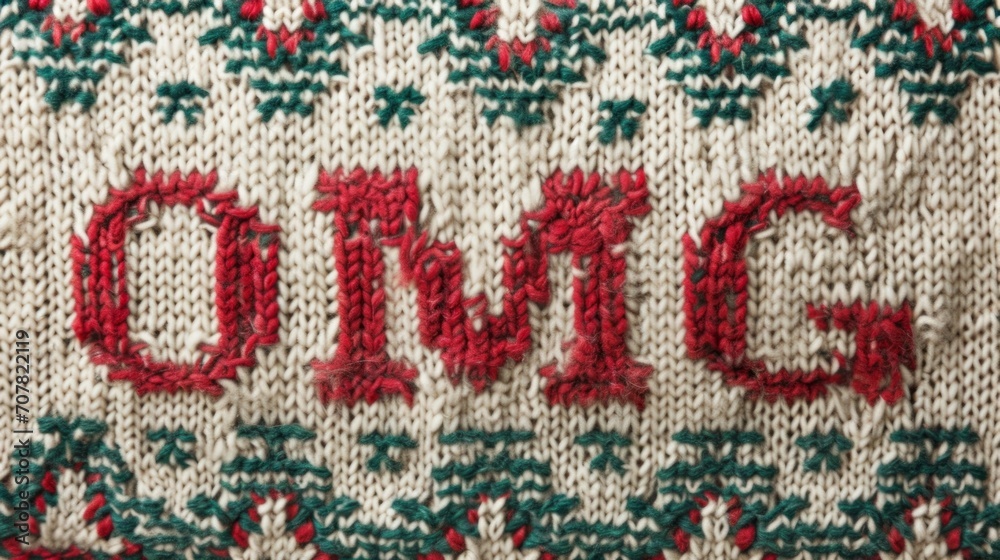 Knitted Christmas and New Year wool pattern with word OMG. Christmas joys with knitted ornaments. Close-up of Sweater Design. Knitted Christmas and New Year wool pattern with word OMG. Christmas joys with knitted ornaments. Close-up of Sweater Design.