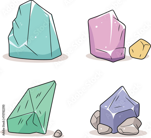 Four colorful cartoon gemstones with different shapes and sizes. Hand-drawn crystals collection for games or education. Cartoon minerals and gems concept vector illustration.