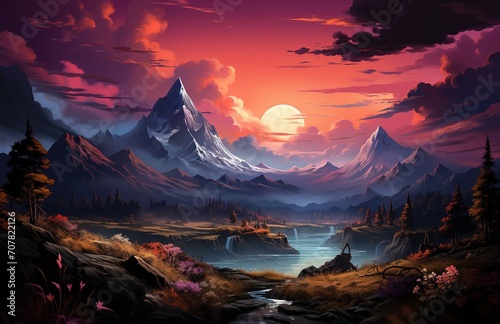 Sunset over the mountains with river and clouds. Created with Ai