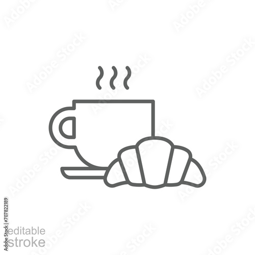 Coffee and croissant icon. Simple outline style. Bread, pastry, crescent, food and drink concept. Thin line symbol. Vector illustration isolated. Editable stroke.