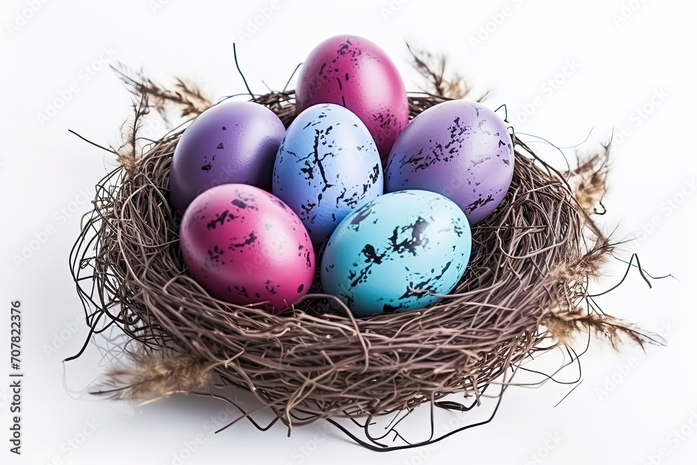 Egg Ensemble. Assorted Eggs Nestled in Nest on white background Egg Ensemble. Assorted Eggs Nestled in Nest on white background