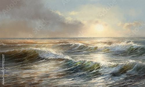 Paintings sea landscape, fine art, artwork, stormy sea waves, waves on the beach at sunset