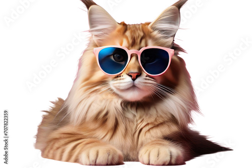 Creative animal concept. Maine Coon cat kitten kitty in sunglass shade glasses isolated on solid pastel background  commercial  editorial advertisement  surreal surrealism