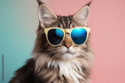 Creative animal concept. Maine Coon cat kitten kitty in sunglass shade glasses isolated on solid pastel background, commercial, editorial advertisement, surreal surrealism