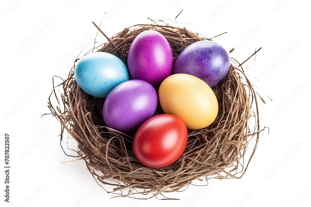 Easter Elegance. Multicolored Eggs Arranged in a Nest on a White Surface. Top view Easter Elegance. Multicolored Eggs Arranged in a Nest on a White Surface. Top view
