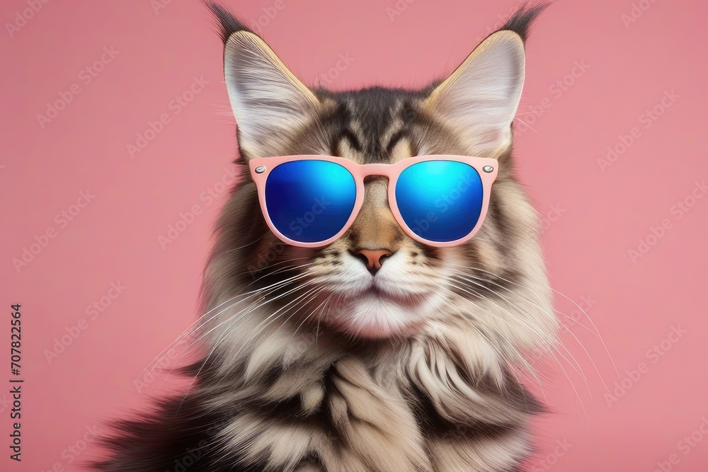 Creative animal concept. Maine Coon cat kitten kitty in sunglass shade glasses isolated on solid pastel background, commercial, editorial advertisement, surreal surrealism Creative animal concept. Maine Coon cat kitten kitty in sunglass shade glasses isolated on solid pastel background, commercial, editorial advertisement, surreal surrealism