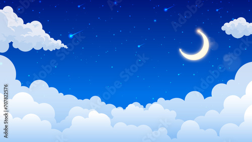 Fluffy clouds night scene with moon and stars