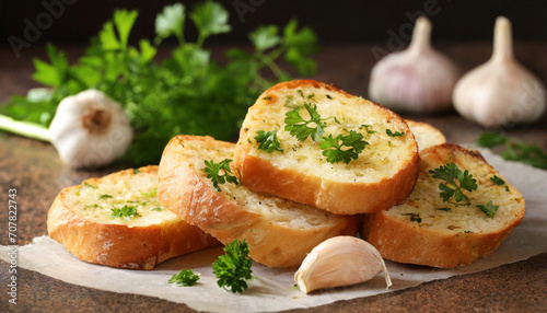 Garlic bread, baguette slices spread with garlic butter, sprinkled with parsley
