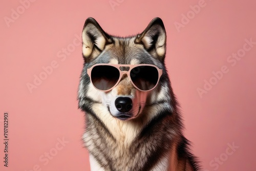 Creative animal concept. Wolf in sunglass shade glasses isolated on solid pastel background, commercial, editorial advertisement, surreal surrealism © ramses