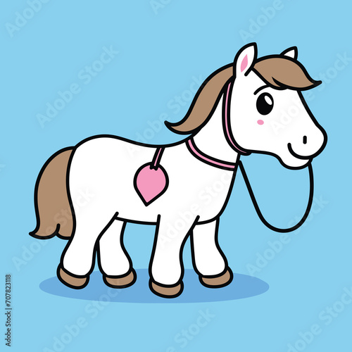 Cute cartoon pony with pink collar and heart tag. White horse with brown hair smiling on blue background. Child-friendly animal character vector illustration.