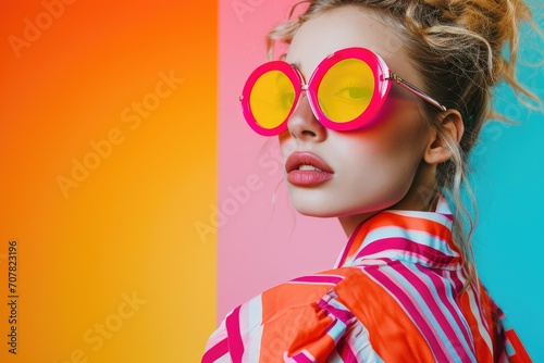 Studio portrait of a young European woman with a vibrant pop art theme, wearing bold, colorful attire, isolated on a pop art inspired background