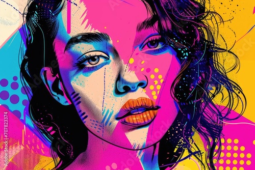 Young American female model in a bright and colorful pop art style, with abstract and graphic elements.