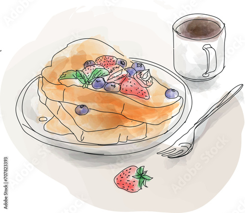 Sweet french toast with berries and syrup. French breakfast, vector illustration © Aleksandra