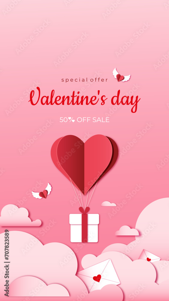 Vertical valentine's day banner for social media. Gift box with heart balloon floating in the sky. Paper art style. Vector illustration