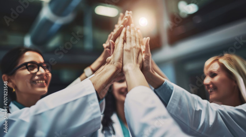 Group of medical professionals in scrubs and white coats, putting their hands together in a unified gesture