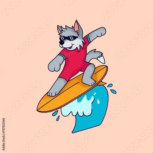 Cute Wolf surfing vector illustration for fabric, textile and print